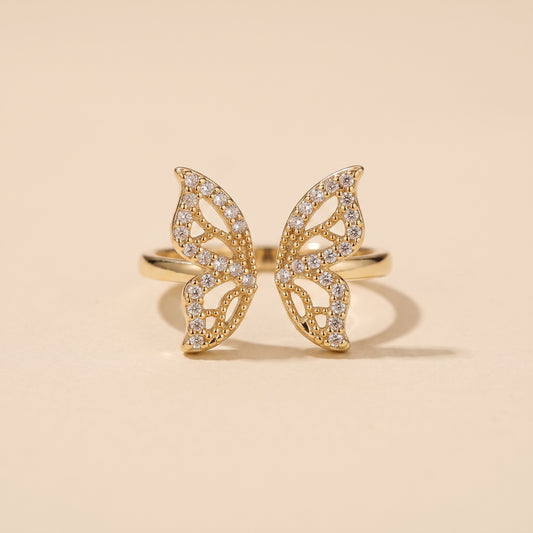 Bague Ajustable Papillon Dorée, bague en acier doré Maison Orena — vue de face